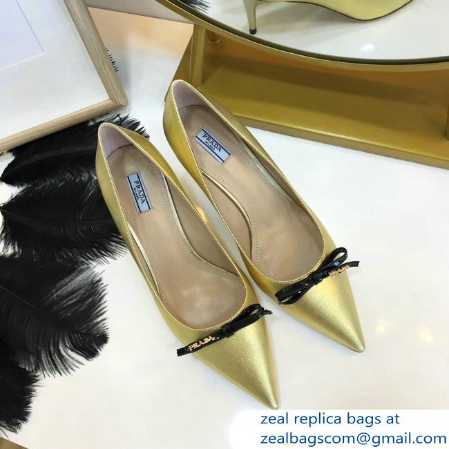 Prada Mid-Heel Pumps Gold with Bow 2019