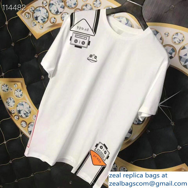 Prada Robot Stickers Cotton T-shirt White 2019 - Click Image to Close