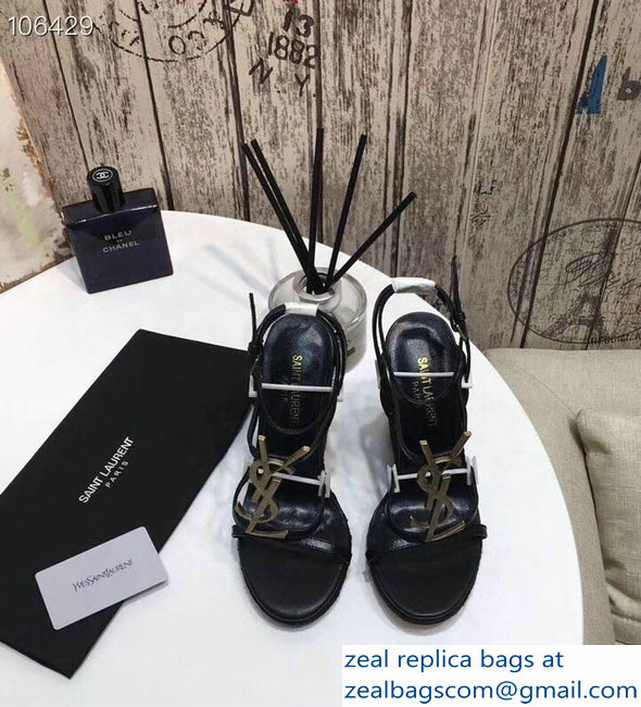 Saint Laurent Heel 10.5cm Cassandra Wedge Espadrilles Sandals Black With YSL Logo 2019 - Click Image to Close