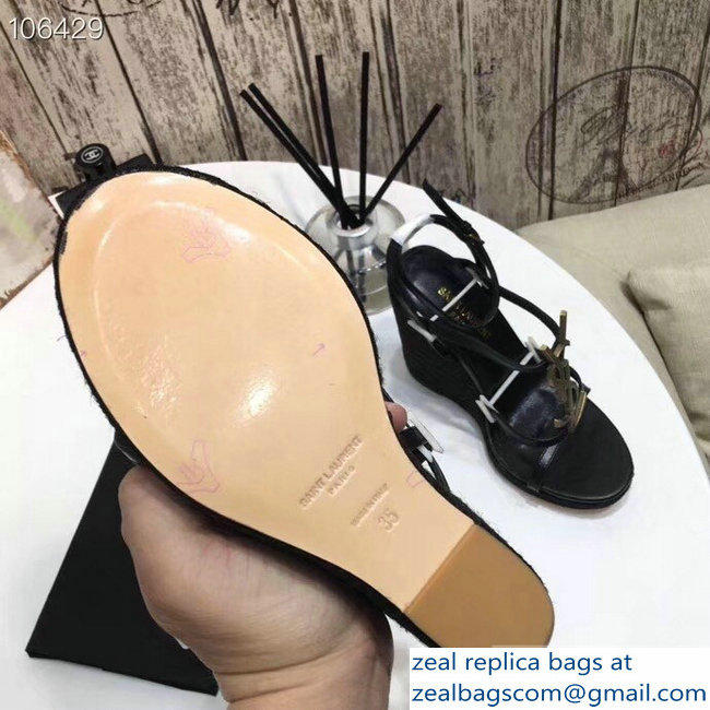 Saint Laurent Heel 10.5cm Cassandra Wedge Espadrilles Sandals Black With YSL Logo 2019 - Click Image to Close