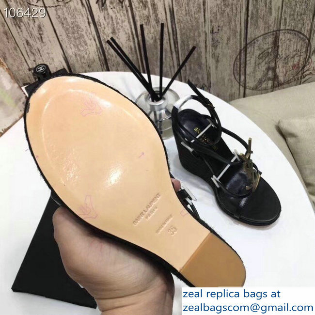 Saint Laurent Heel 10.5cm Cassandra Wedge Espadrilles Sandals Black With YSL Logo 2019