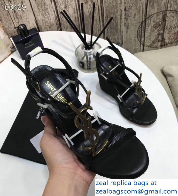 Saint Laurent Heel 10.5cm Cassandra Wedge Espadrilles Sandals Black With YSL Logo 2019