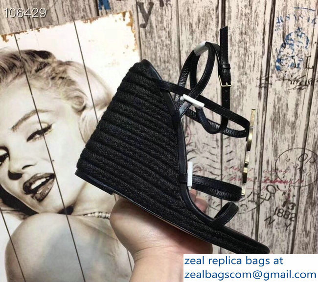 Saint Laurent Heel 10.5cm Cassandra Wedge Espadrilles Sandals Black With YSL Logo 2019 - Click Image to Close