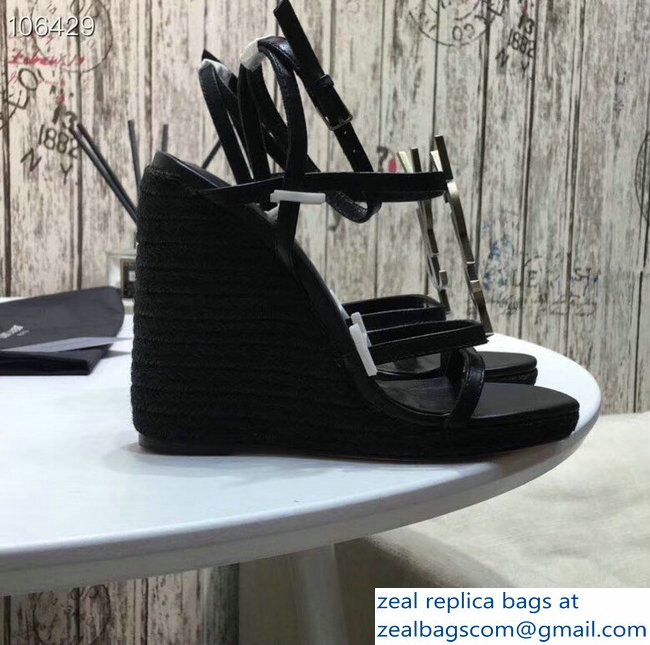 Saint Laurent Heel 10.5cm Cassandra Wedge Espadrilles Sandals Black With YSL Logo 2019