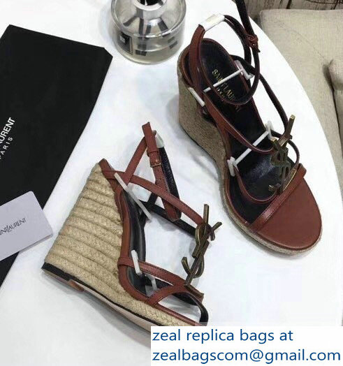 Saint Laurent Heel 10.5cm Cassandra Wedge Espadrilles Sandals Brown With YSL Logo 2019 - Click Image to Close