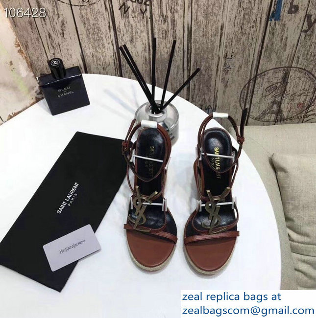 Saint Laurent Heel 10.5cm Cassandra Wedge Espadrilles Sandals Brown With YSL Logo 2019 - Click Image to Close