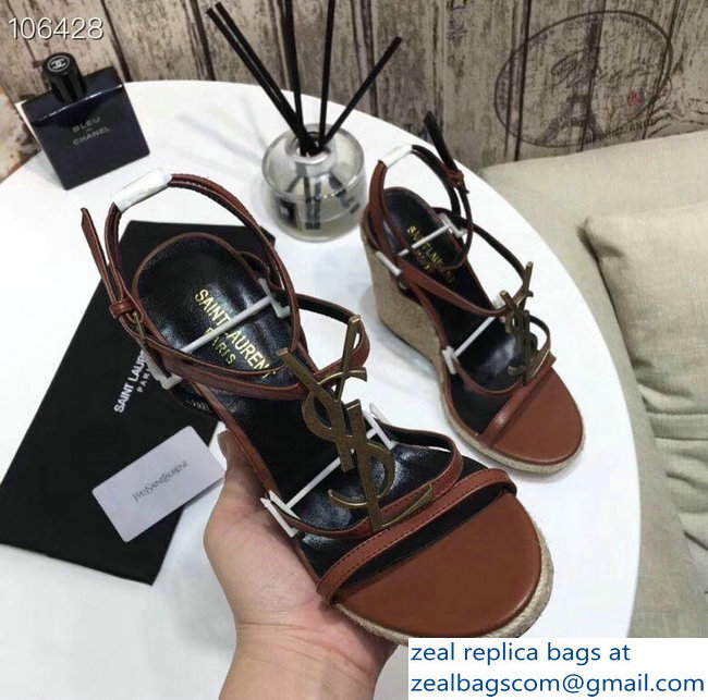 Saint Laurent Heel 10.5cm Cassandra Wedge Espadrilles Sandals Brown With YSL Logo 2019 - Click Image to Close