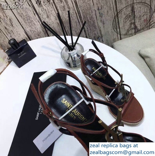 Saint Laurent Heel 10.5cm Cassandra Wedge Espadrilles Sandals Brown With YSL Logo 2019 - Click Image to Close