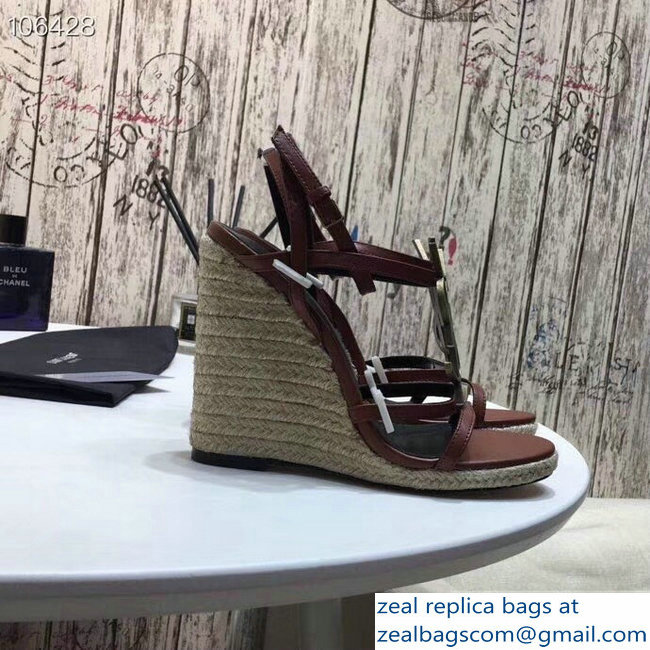 Saint Laurent Heel 10.5cm Cassandra Wedge Espadrilles Sandals Brown With YSL Logo 2019