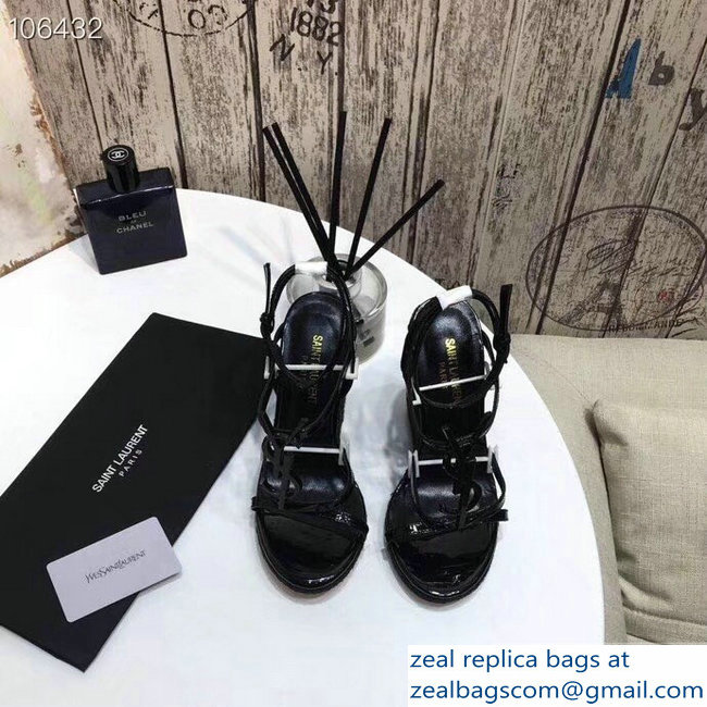 Saint Laurent Heel 10.5cm Cassandra Wedge Espadrilles Sandals Patent Black With YSL Logo 2019 - Click Image to Close