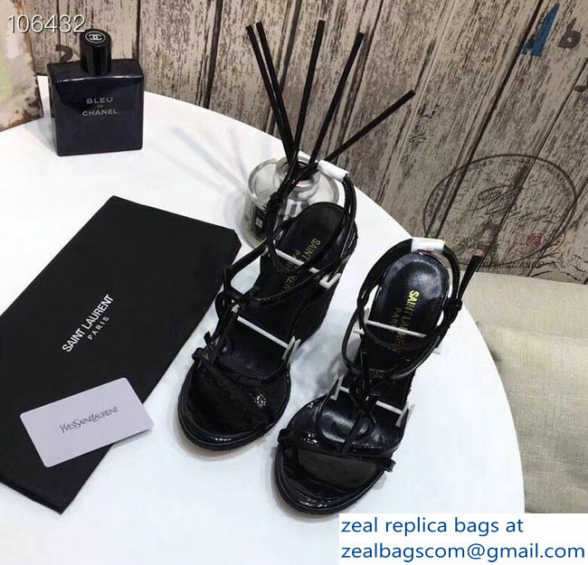 Saint Laurent Heel 10.5cm Cassandra Wedge Espadrilles Sandals Patent Black With YSL Logo 2019