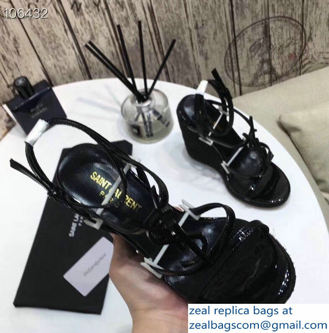 Saint Laurent Heel 10.5cm Cassandra Wedge Espadrilles Sandals Patent Black With YSL Logo 2019