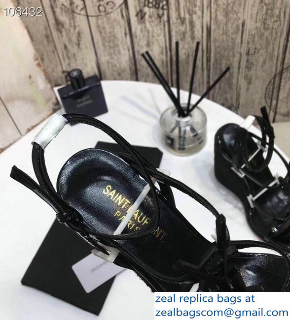 Saint Laurent Heel 10.5cm Cassandra Wedge Espadrilles Sandals Patent Black With YSL Logo 2019