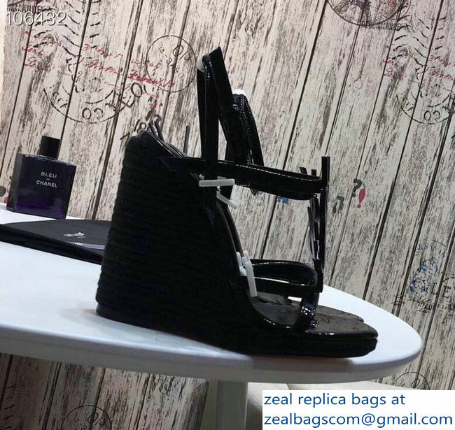 Saint Laurent Heel 10.5cm Cassandra Wedge Espadrilles Sandals Patent Black With YSL Logo 2019