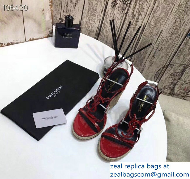 Saint Laurent Heel 10.5cm Cassandra Wedge Espadrilles Sandals Patent Red With YSL Logo 2019 - Click Image to Close
