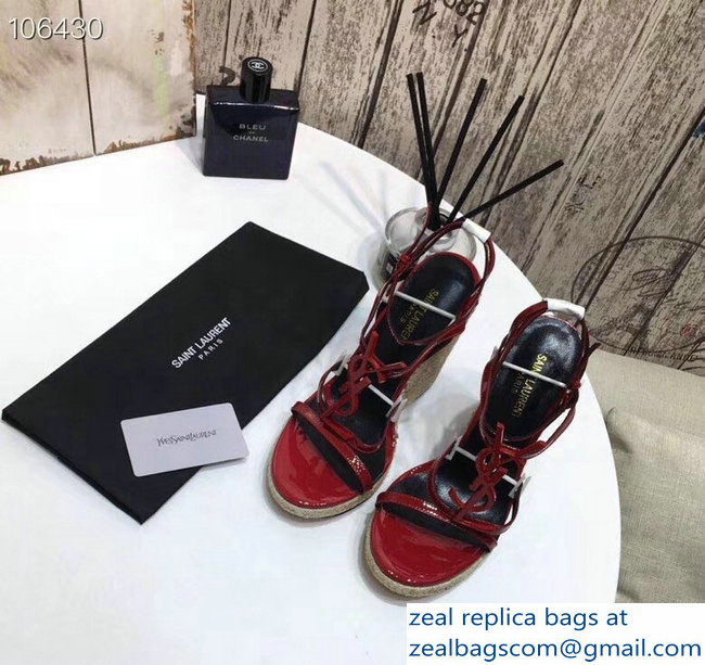 Saint Laurent Heel 10.5cm Cassandra Wedge Espadrilles Sandals Patent Red With YSL Logo 2019