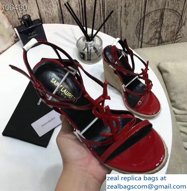 Saint Laurent Heel 10.5cm Cassandra Wedge Espadrilles Sandals Patent Red With YSL Logo 2019 - Click Image to Close