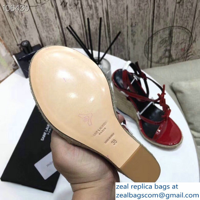 Saint Laurent Heel 10.5cm Cassandra Wedge Espadrilles Sandals Patent Red With YSL Logo 2019 - Click Image to Close