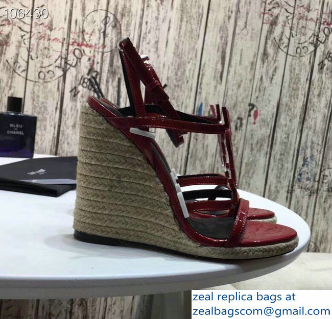 Saint Laurent Heel 10.5cm Cassandra Wedge Espadrilles Sandals Patent Red With YSL Logo 2019 - Click Image to Close