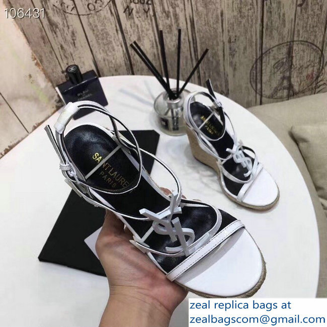 Saint Laurent Heel 10.5cm Cassandra Wedge Espadrilles Sandals White With YSL Logo 2019 - Click Image to Close