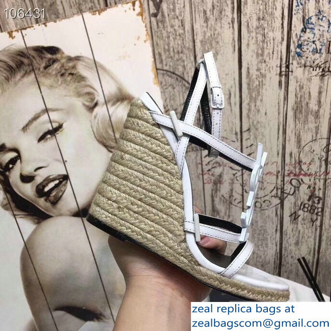 Saint Laurent Heel 10.5cm Cassandra Wedge Espadrilles Sandals White With YSL Logo 2019 - Click Image to Close