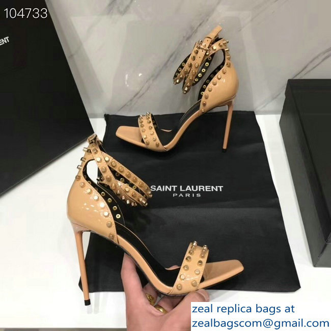 Saint Laurent Heel 11cm Amber Studs Patent Leather Sandals Apricot 2019 - Click Image to Close