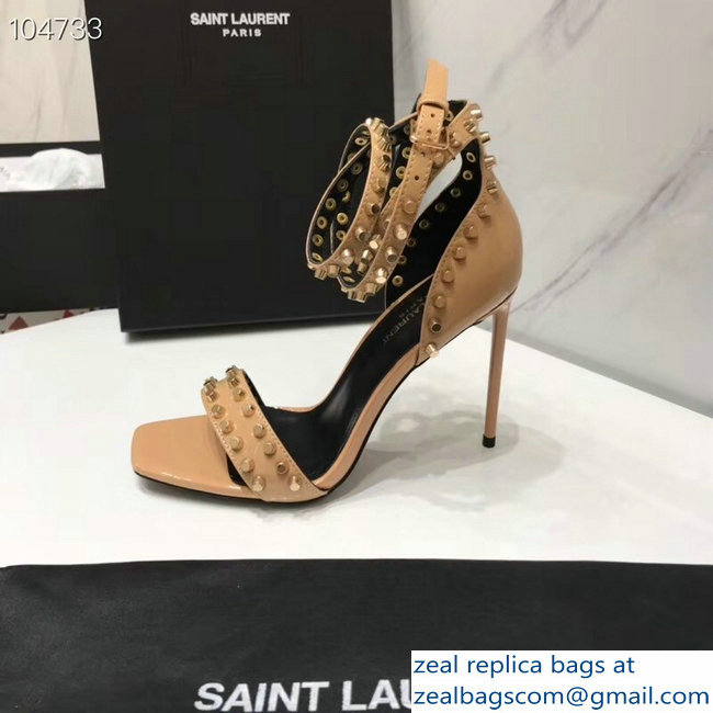 Saint Laurent Heel 11cm Amber Studs Patent Leather Sandals Apricot 2019