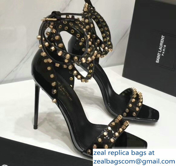 Saint Laurent Heel 11cm Amber Studs Patent Leather Sandals Black 2019 - Click Image to Close