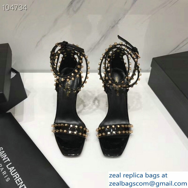 Saint Laurent Heel 11cm Amber Studs Patent Leather Sandals Black 2019 - Click Image to Close