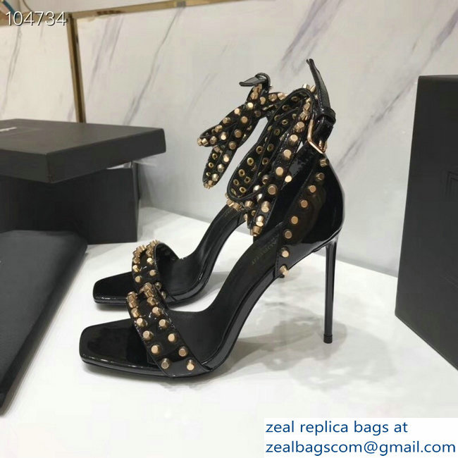 Saint Laurent Heel 11cm Amber Studs Patent Leather Sandals Black 2019 - Click Image to Close