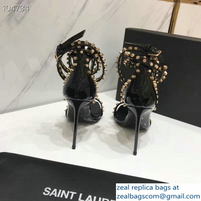 Saint Laurent Heel 11cm Amber Studs Patent Leather Sandals Black 2019 - Click Image to Close