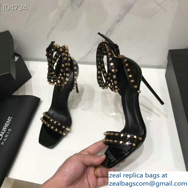 Saint Laurent Heel 11cm Amber Studs Patent Leather Sandals Black 2019