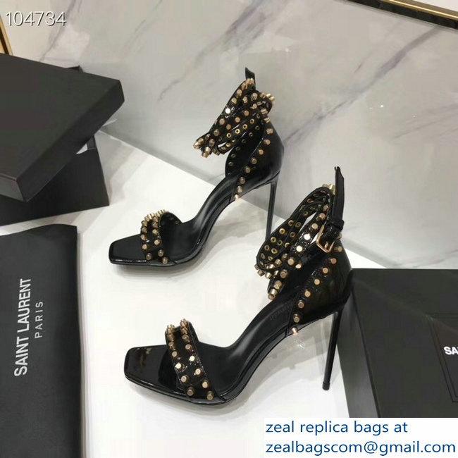 Saint Laurent Heel 11cm Amber Studs Patent Leather Sandals Black 2019 - Click Image to Close