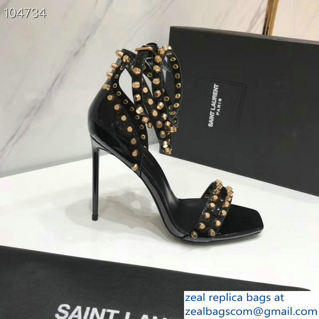 Saint Laurent Heel 11cm Amber Studs Patent Leather Sandals Black 2019 - Click Image to Close