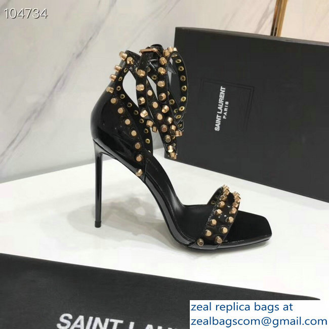 Saint Laurent Heel 11cm Amber Studs Patent Leather Sandals Black 2019