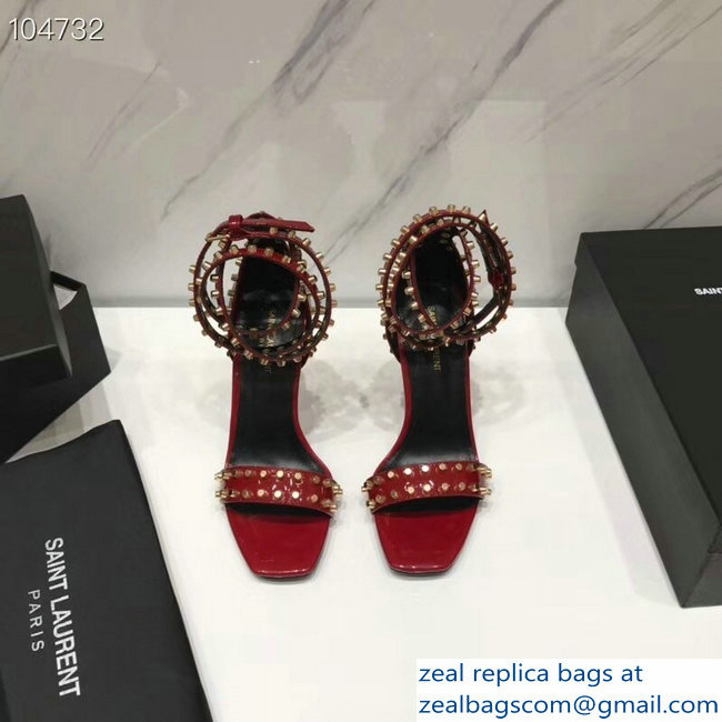 Saint Laurent Heel 11cm Amber Studs Patent Leather Sandals Red 2019 - Click Image to Close