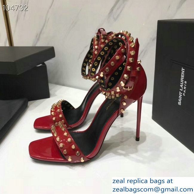 Saint Laurent Heel 11cm Amber Studs Patent Leather Sandals Red 2019 - Click Image to Close