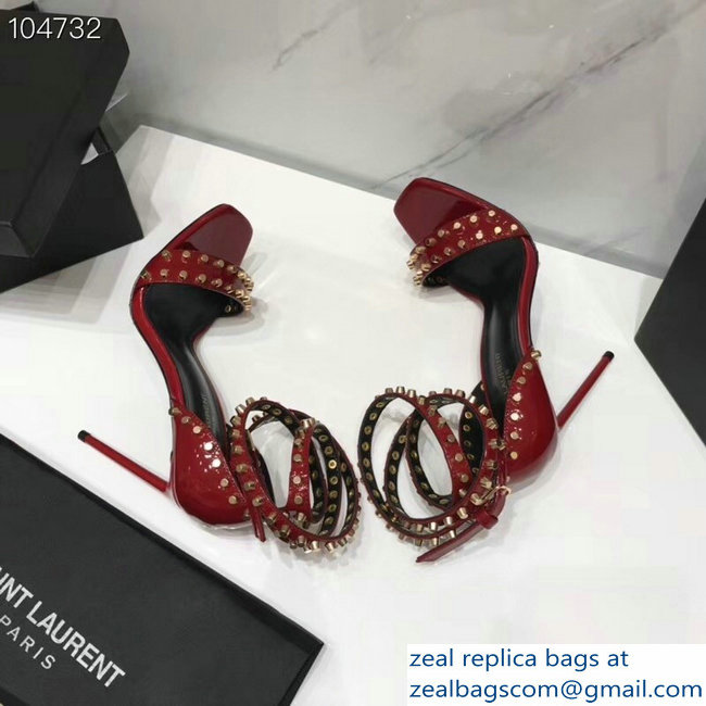 Saint Laurent Heel 11cm Amber Studs Patent Leather Sandals Red 2019