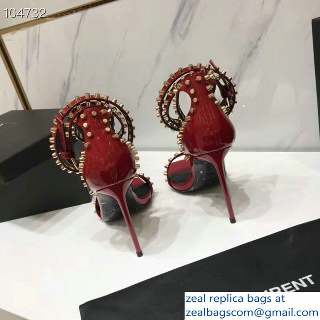 Saint Laurent Heel 11cm Amber Studs Patent Leather Sandals Red 2019