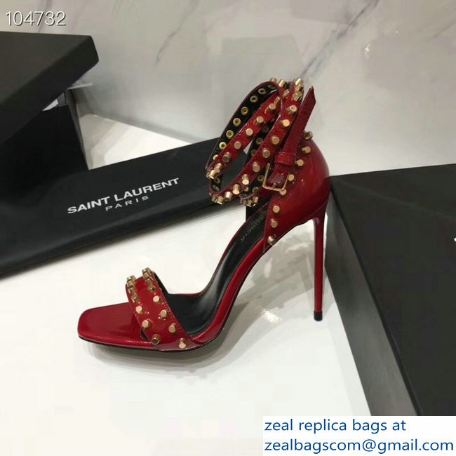 Saint Laurent Heel 11cm Amber Studs Patent Leather Sandals Red 2019 - Click Image to Close