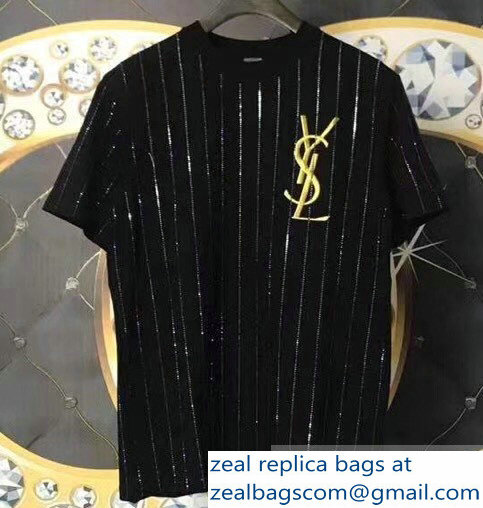 Saint Laurent Sequins and YSL Logo T-Shirt Black 2019 - Click Image to Close