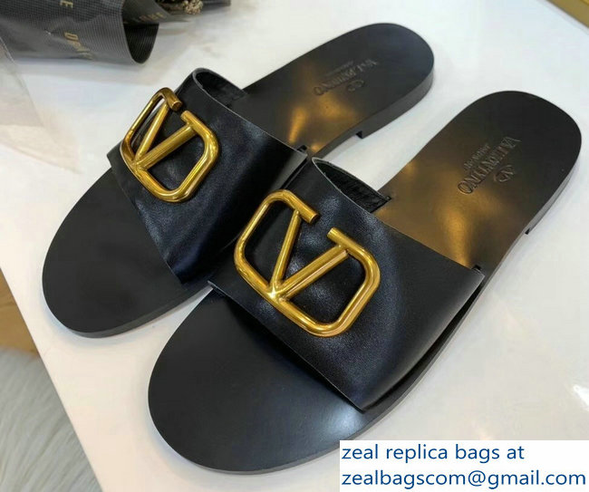 Valentino Cowhide Slip-On Slide Sandals Black With Go Logo Detail 2019