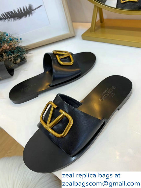 Valentino Cowhide Slip-On Slide Sandals Black With Go Logo Detail 2019