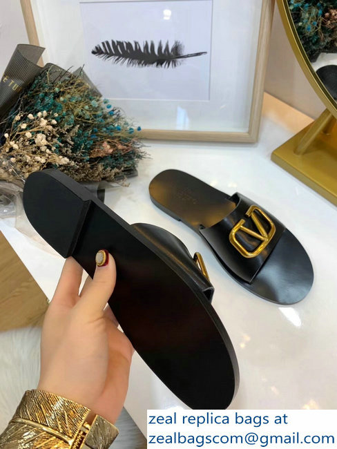 Valentino Cowhide Slip-On Slide Sandals Black With Go Logo Detail 2019 - Click Image to Close