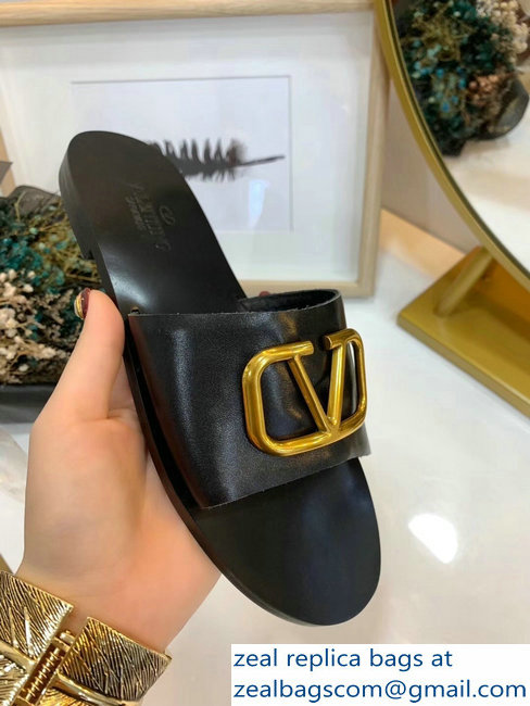 Valentino Cowhide Slip-On Slide Sandals Black With Go Logo Detail 2019