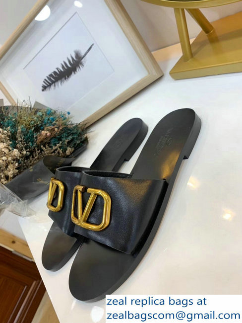 Valentino Cowhide Slip-On Slide Sandals Black With Go Logo Detail 2019