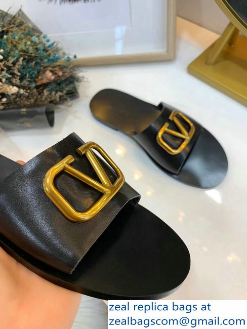 Valentino Cowhide Slip-On Slide Sandals Black With Go Logo Detail 2019