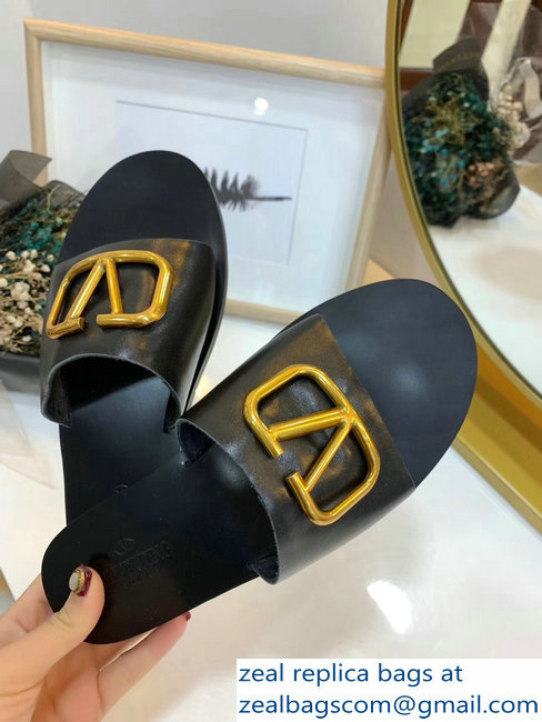 Valentino Cowhide Slip-On Slide Sandals Black With Go Logo Detail 2019 - Click Image to Close