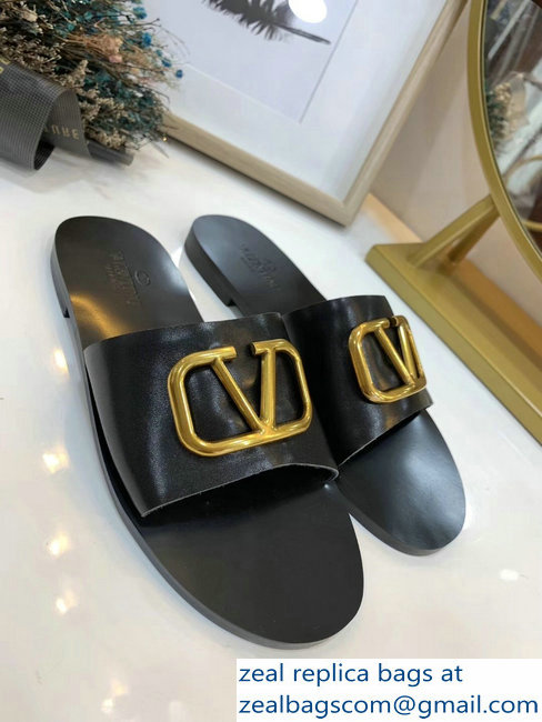 Valentino Cowhide Slip-On Slide Sandals Black With Go Logo Detail 2019 - Click Image to Close