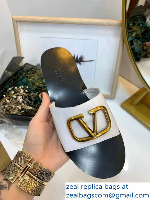 Valentino Cowhide Slip-On Slide Sandals White With Go Logo Detail 2019 - Click Image to Close